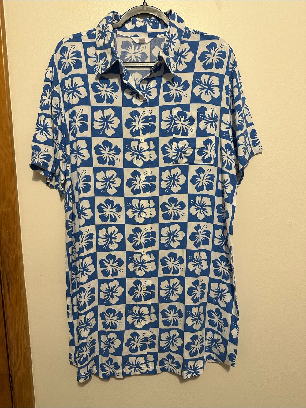 Ascot And Hart Blue White Checkered Floral Hawaiian Button Up Shirt Dress S